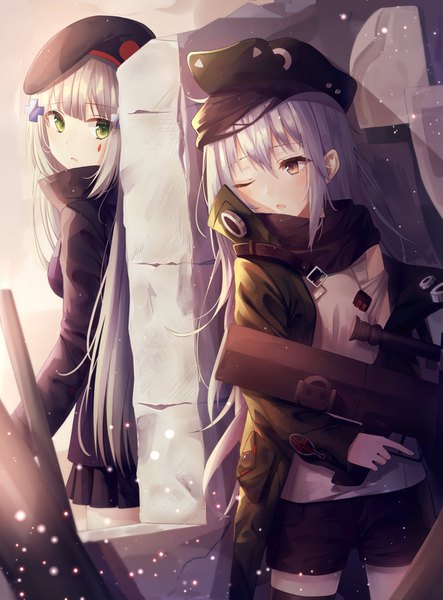 Anime picture 1200x1623 with girls frontline hk416 (girls frontline) g11 (girls frontline) kyubi long hair tall image blush fringe open mouth hair between eyes standing multiple girls holding brown eyes green eyes payot silver hair outdoors pleated skirt one eye closed