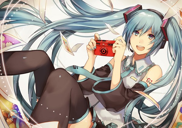 Anime picture 1023x724 with vocaloid hatsune miku yunomachi single looking at viewer open mouth twintails bare shoulders very long hair aqua eyes aqua hair girl thighhighs skirt detached sleeves necktie headphones camera photo (object)