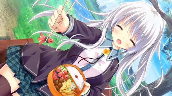 Anime picture 1024x576 with hanayome to maou kuzuryuu tooko long hair blush open mouth wide image game cg white hair eyes closed girl thighhighs uniform bow black thighhighs hair bow school uniform food obento omelet tamagoyaki