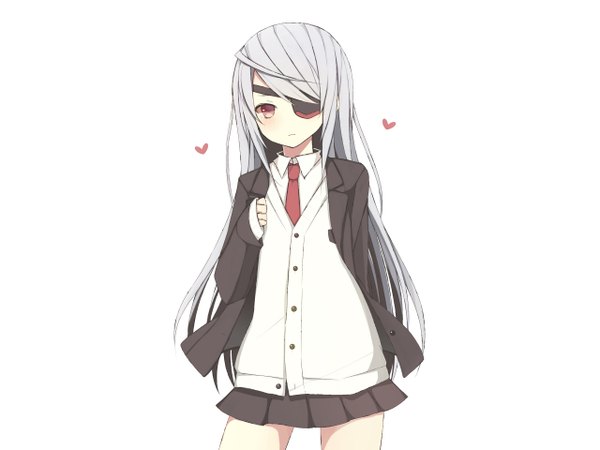 Anime picture 1280x960 with infinite stratos 8bit laura bodewig single long hair blush simple background red eyes white background silver hair girl skirt uniform school uniform shirt necktie heart eyepatch