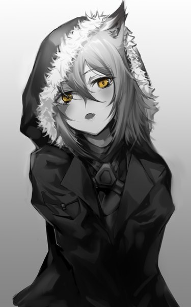 Anime picture 1200x1920 with arknights projekt red (arknights) eichi (yashokuya) single long hair tall image looking at viewer fringe open mouth simple background hair between eyes standing animal ears yellow eyes head tilt fur trim gradient background monochrome wolf ears wolf girl