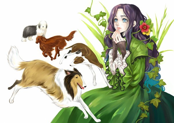 Anime picture 1000x710 with howl's moving castle studio ghibli lettie hatter perceval (howl's moving castle) 29tarou long hair blue eyes simple background white background purple hair hair flower jumping girl dress hair ornament flower (flowers) plant (plants) animal frills grass
