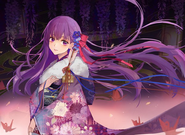 Anime picture 1499x1098 with fate (series) fate/stay night matou sakura aquarzaaa single long hair fringe hair between eyes purple eyes looking away purple hair upper body traditional clothes japanese clothes wind floral print kikumon girl hair ornament flower (flowers)