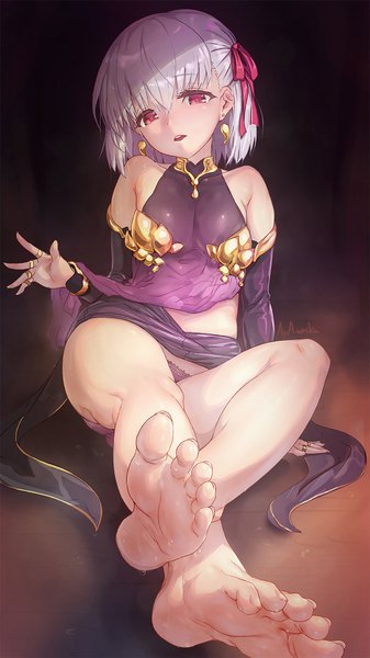 Anime picture 1080x1920 with fate (series) fate/grand order kama (fate) aya shobon single tall image looking at viewer blush fringe short hair breasts open mouth light erotic hair between eyes red eyes sitting bare shoulders silver hair full body bent knee (knees)