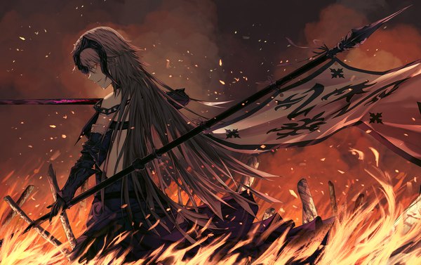 Anime picture 2350x1477 with fate (series) fate/grand order jeanne d'arc (fate) (all) jeanne d'arc alter (fate) jeanne d'arc alter (avenger) (third ascension) (fate) tgb0223 single long hair looking at viewer fringe highres holding yellow eyes parted lips profile grey hair fur trim back smoke bare back