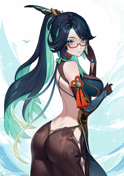 Anime picture 848x1200 with genshin impact cloud retainer (genshin impact) xianyun (genshin impact) helloimtea single long hair tall image looking at viewer breasts blue eyes light erotic black hair large breasts signed ass ponytail looking back multicolored hair aqua hair two-tone hair