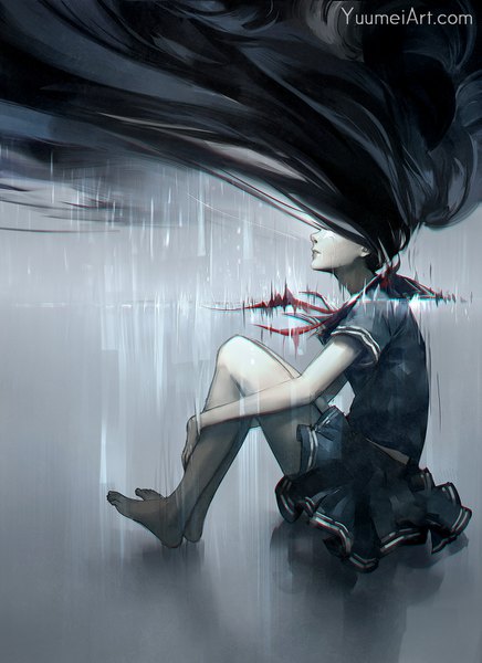 Anime picture 1080x1485 with original yuumei single tall image black hair sitting signed full body bent knee (knees) very long hair parted lips pleated skirt barefoot grey background bare legs leg hug hair over eyes abstract girl skirt