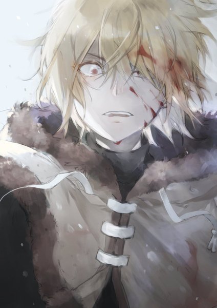 Anime picture 636x900 with vinland saga wit studio thorfinn mura (artist) single tall image looking at viewer fringe short hair open mouth simple background blonde hair hair between eyes red eyes upper body hair over one eye grey background fur trim blood on face alternate eye color