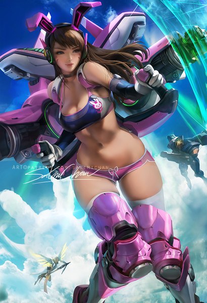 Anime-Bild 684x1000 mit overwatch blizzard entertainment d.va (overwatch) mercy (overwatch) pharah (overwatch) sakimichan long hair tall image fringe breasts light erotic brown hair large breasts bare shoulders multiple girls holding signed animal ears looking away sky