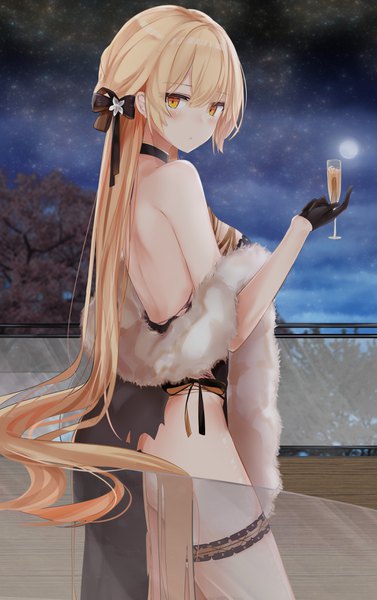 Anime picture 2200x3500 with girls frontline ots-14 (girls frontline) ots-14 (sangria succulent) (girls' frontline) ru zhai single tall image looking at viewer blush fringe highres breasts light erotic blonde hair hair between eyes standing bare shoulders holding yellow eyes payot sky