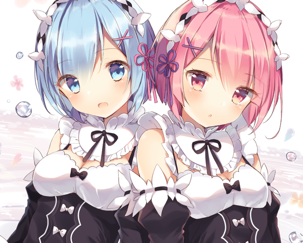 Anime picture 1280x1024 with re:zero kara hajimeru isekai seikatsu white fox rem (re:zero) ram (re:zero) shiino sera (gelatin) looking at viewer blush fringe short hair open mouth blue eyes multiple girls blue hair pink hair upper body pink eyes maid siblings twins sisters