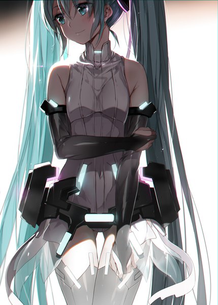 Anime picture 1500x2095 with vocaloid vocaloid append hatsune miku hatsune miku (append) hoshii hisa single tall image blush fringe light erotic simple background hair between eyes standing white background twintails payot looking away very long hair aqua eyes aqua hair