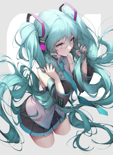 Anime picture 1100x1504 with vocaloid hatsune miku senchat single tall image looking at viewer fringe simple background standing bare shoulders very long hair nail polish pleated skirt aqua eyes aqua hair arms up holding hair girl skirt detached sleeves