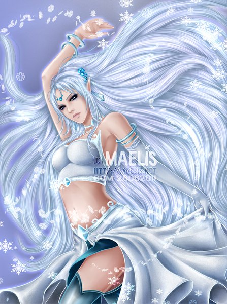 Anime picture 670x900 with original m-aelis single tall image looking at viewer breasts blue eyes silver hair very long hair pointy ears bare belly girl gloves navel elbow gloves bracelet single glove