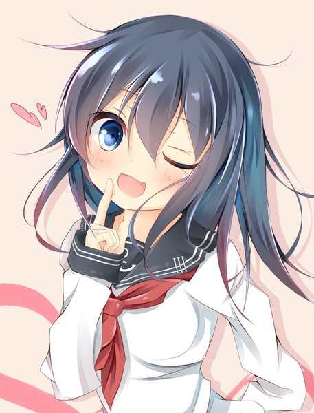 Anime picture 1000x1312 with kantai collection akatsuki destroyer kushida you single tall image looking at viewer blush short hair breasts open mouth blue eyes smile one eye closed multicolored hair wink finger to mouth happy gradient hair no hat girl