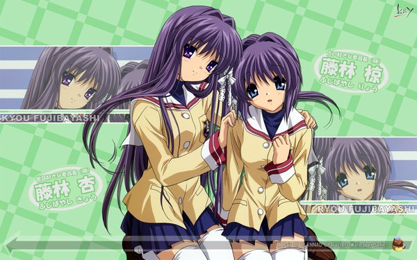Anime picture 1920x1200 with clannad key (studio) fujibayashi kyou fujibayashi ryou long hair looking at viewer highres open mouth blue eyes wide image purple eyes multiple girls signed purple hair long sleeves pleated skirt light smile wallpaper zettai ryouiki squat