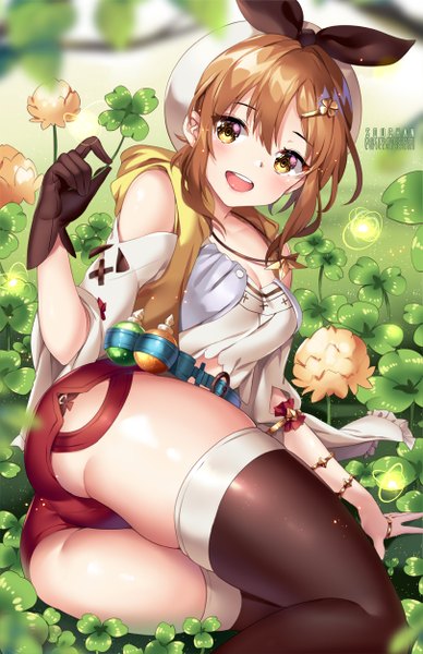 Anime picture 809x1250 with atelier (series) atelier ryza gust (company) reisalin stout squchan single tall image looking at viewer fringe short hair breasts open mouth light erotic smile hair between eyes brown hair holding signed yellow eyes cleavage