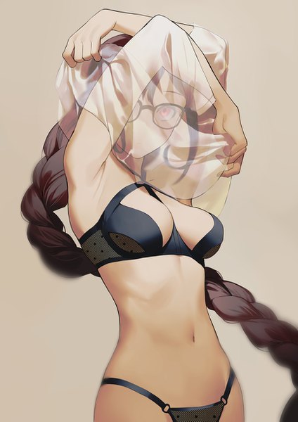 Anime picture 868x1227 with fate (series) fate/grand order yu mei-ren (fate) salmon88 single long hair tall image looking at viewer breasts light erotic black hair simple background red eyes large breasts standing bare shoulders holding payot braid (braids) arms up