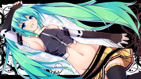 Anime picture 1920x1080 with vocaloid hatsune miku chiri (atlanta) highres open mouth wide image twintails very long hair aqua eyes aqua hair midriff girl thighhighs navel black thighhighs detached sleeves miniskirt