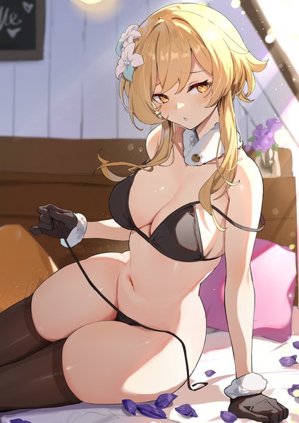 Anime picture 3508x4961 with genshin impact lumine (genshin impact) simao (x x36131422) single long hair tall image looking at viewer blush fringe highres breasts light erotic blonde hair hair between eyes large breasts sitting yellow eyes absurdres indoors parted lips