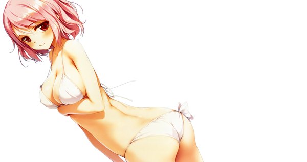 Anime picture 4376x2320 with touhou saigyouji yuyuko ke-ta single looking at viewer blush highres short hair light erotic simple background smile red eyes wide image white background pink hair absurdres ass breast hold girl swimsuit