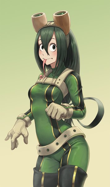 Anime picture 900x1520 with boku no hero academia studio bones asui tsuyu cheshirrr single long hair tall image looking at viewer fringe simple background hair between eyes standing payot green hair black eyes gradient background low ponytail goggles on head green background long tongue