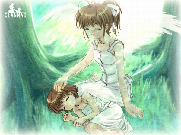 Anime picture 1024x768 with clannad key (studio) furukawa nagisa okazaki ushio brown hair ahoge ponytail jpeg artifacts dress wings