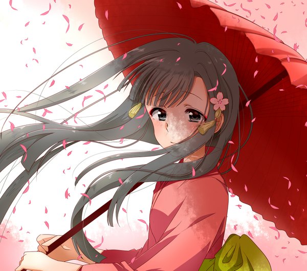 Anime picture 2096x1849 with idolmaster pixiv kobayakawa sae shio xi single long hair looking at viewer blush fringe highres simple background traditional clothes japanese clothes hair flower light smile wind grey hair grey eyes alternate costume girl