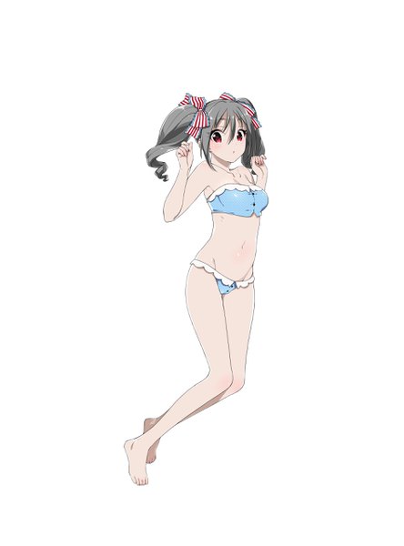 Anime picture 1895x2560 with idolmaster idolmaster cinderella girls kanzaki ranko sumeragi kohaku single long hair tall image looking at viewer blush highres light erotic red eyes white background twintails bare shoulders barefoot grey hair bare belly :o shiny skin