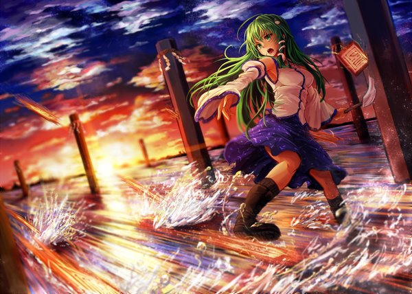 Anime picture 1400x1000 with touhou kochiya sanae freeze-ex single long hair open mouth green eyes sky cloud (clouds) green hair evening sunset girl skirt detached sleeves boots gohei