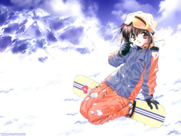 Anime picture 1024x768 with sister princess zexcs mamoru (sister princess) tenhiro naoto single short hair brown hair brown eyes signed full body outdoors winter snow goggles on head girl gloves cap goggles winter clothes snowboard