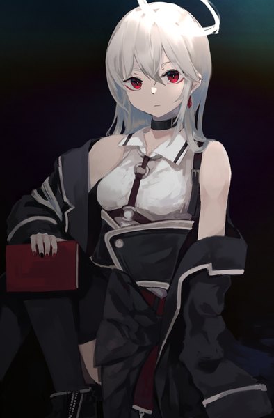 Anime picture 2623x3992 with original roa (ogami ren) ogami ren single long hair tall image looking at viewer fringe highres simple background hair between eyes red eyes sitting bare shoulders holding silver hair nail polish pleated skirt fingernails off shoulder