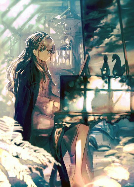 Anime picture 863x1200 with original garuku single long hair tall image looking at viewer fringe blue eyes blonde hair smile sitting payot indoors blunt bangs clothes on shoulders playing instrument girl musical instrument piano grand piano