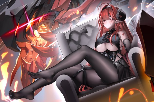 Anime picture 4096x2732 with azur lane hindenburg (azur lane) shitsurakuen (paradise lost) single long hair looking at viewer blush fringe highres breasts light erotic red eyes large breasts sitting bare shoulders absurdres full body ahoge bent knee (knees) red hair