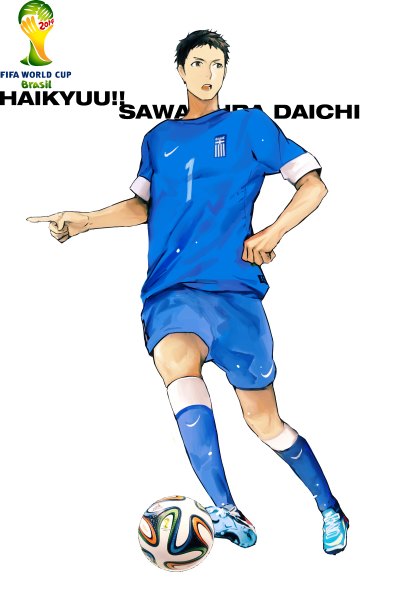 Anime picture 800x1200 with haikyuu!! production i.g nike world cup 2014 fifa world cup sawamura daichi zis (artist) single tall image short hair open mouth black hair simple background white background looking away black eyes copyright name character names football boy