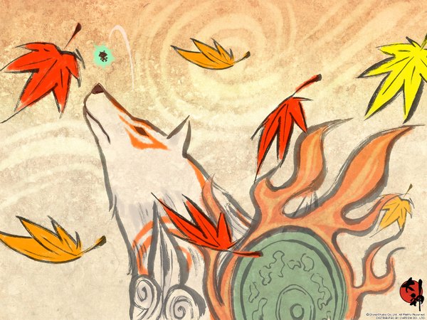 Anime picture 1600x1200 with okami amaterasu (okami) issun highres wallpaper leaf (leaves) wolf