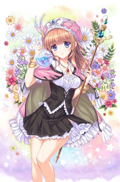 Anime picture 700x1064 with atelier (series) atelier rorona atelier totori gust (company) rororina fryxell ankoromochi single long hair tall image looking at viewer blush blue eyes brown hair floral background girl dress flower (flowers) bracelet star (symbol) pendant