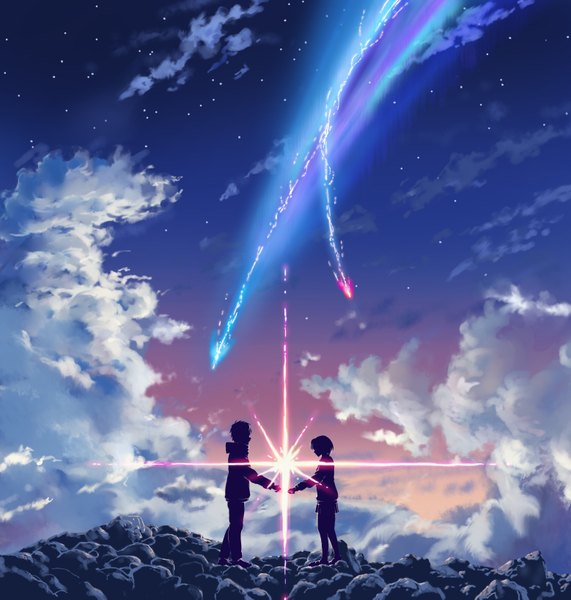 Anime picture 1557x1637 with kimi no na wa miyamizu mitsuha tachibana taki sue (frederica--bernkastel) tall image short hair standing looking away sky cloud (clouds) full body outstretched arm silhouette shooting star girl boy skirt star (stars) stone (stones)