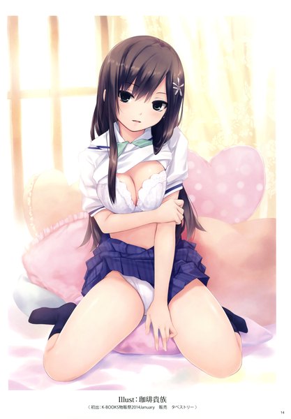 Anime picture 2434x3500 with k-books (artbook) coffee-kizoku single long hair tall image looking at viewer blush fringe highres breasts light erotic brown hair large breasts sitting bent knee (knees) indoors parted lips head tilt pleated skirt black eyes