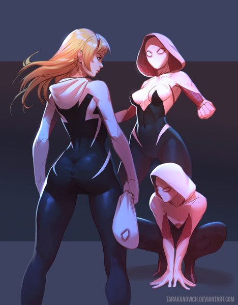 Anime picture 1000x1280 with marvel comics gwen stacy spider-gwen tarakanovich single long hair tall image fringe breasts blue eyes light erotic blonde hair standing signed ass lips from behind realistic eyebrows angry