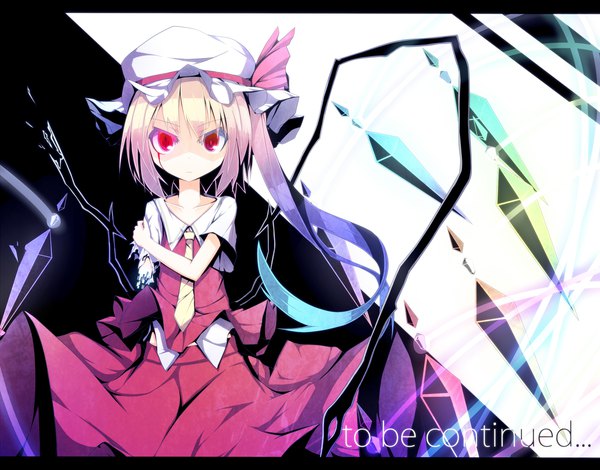 Anime picture 1500x1175 with touhou flandre scarlet ichiyan (artist) single looking at viewer blonde hair red eyes text side ponytail glowing letterboxed english slit pupils arm grab single wing amputee bloody tears girl skirt ribbon (ribbons)