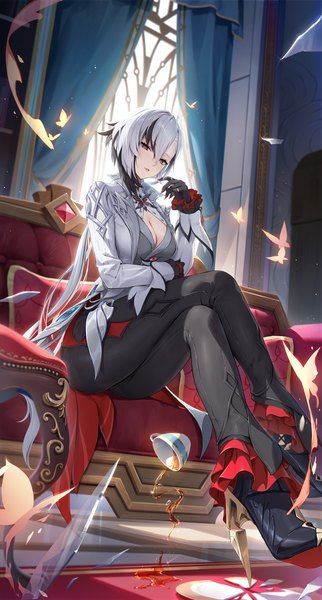 Anime picture 2146x4000 with genshin impact arlecchino (genshin impact) houkisei single long hair tall image looking at viewer fringe highres breasts light erotic hair between eyes sitting cleavage full body bent knee (knees) white hair indoors nail polish parted lips