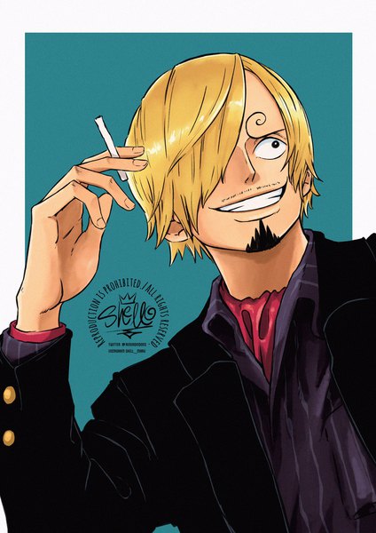 Anime picture 1448x2048 with one piece toei animation sanji sherumaru (korcht06) single tall image fringe short hair blonde hair simple background smile holding signed looking away upper body black eyes hair over one eye open jacket twitter username grin