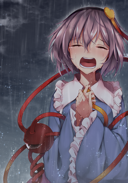 Anime picture 984x1400 with touhou komeiji satori midori (misuriru8) single tall image short hair open mouth sky purple hair cloud (clouds) eyes closed wet tears rain wet clothes crying girl frills eyeball