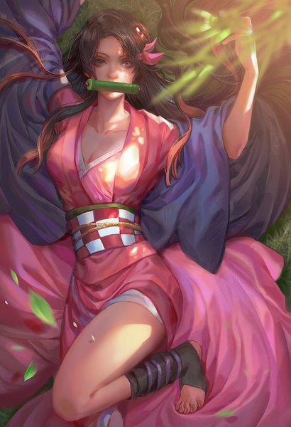 Anime picture 975x1425 with kimetsu no yaiba ufotable kamado nezuko jiuge single long hair tall image looking at viewer black hair holding cleavage bent knee (knees) outdoors lying traditional clothes japanese clothes pink eyes multicolored hair realistic wide sleeves