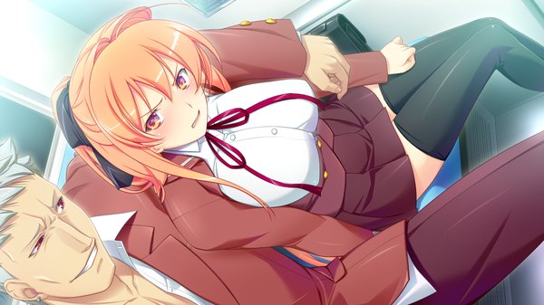 Anime picture 1280x720 with boku no me no mae de sareru kanojo ribahara aki long hair light erotic wide image game cg orange hair orange eyes girl thighhighs boy skirt uniform ribbon (ribbons) black thighhighs hair ribbon school uniform miniskirt