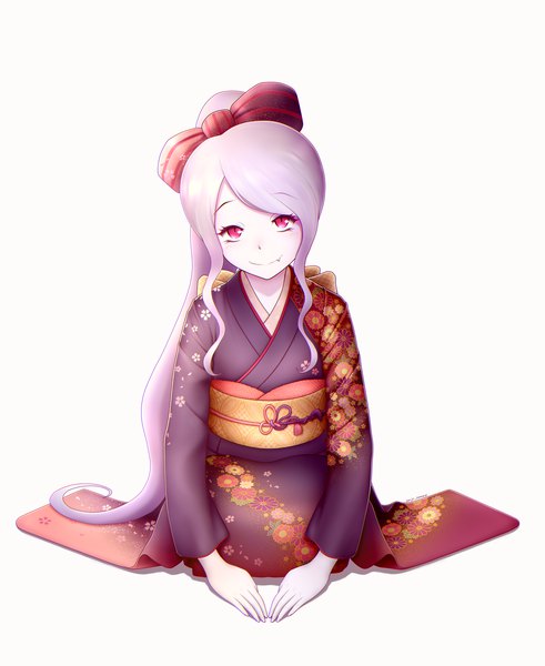 Anime picture 2125x2598 with overlord (maruyama) madhouse shalltear bloodfallen senjin samurai single long hair tall image looking at viewer fringe highres simple background smile red eyes white background sitting payot purple hair full body ponytail long sleeves