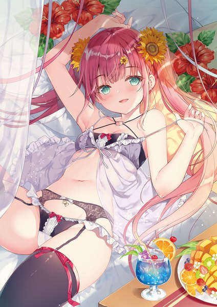 Anime picture 1357x1920 with original miwabe sakura single long hair tall image looking at viewer blush fringe open mouth light erotic smile twintails payot red hair lying blunt bangs head tilt :d arm up hair flower