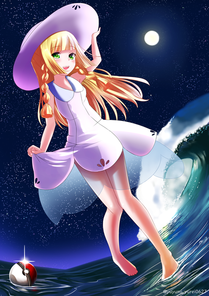 Anime picture 1600x2263 with pokemon pokemon sm nintendo lillie (pokemon) yuyumi (yuurei) single long hair tall image fringe blonde hair smile bare shoulders green eyes signed payot looking away full body blunt bangs braid (braids) barefoot