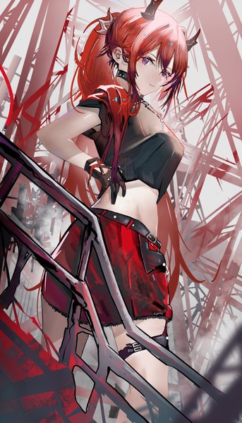 Anime picture 2000x3500 with arknights surtr (arknights) surtr (liberte echec) (arknights) nigoolasw single long hair tall image looking at viewer blush fringe highres breasts hair between eyes standing purple eyes ponytail red hair parted lips horn (horns) short sleeves
